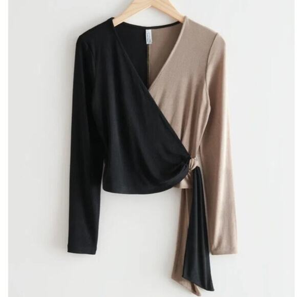 NWT!  & Other Stories Two-Tone Wrap Blouse in Black and Tan  - Size Small - Picture 1 of 16